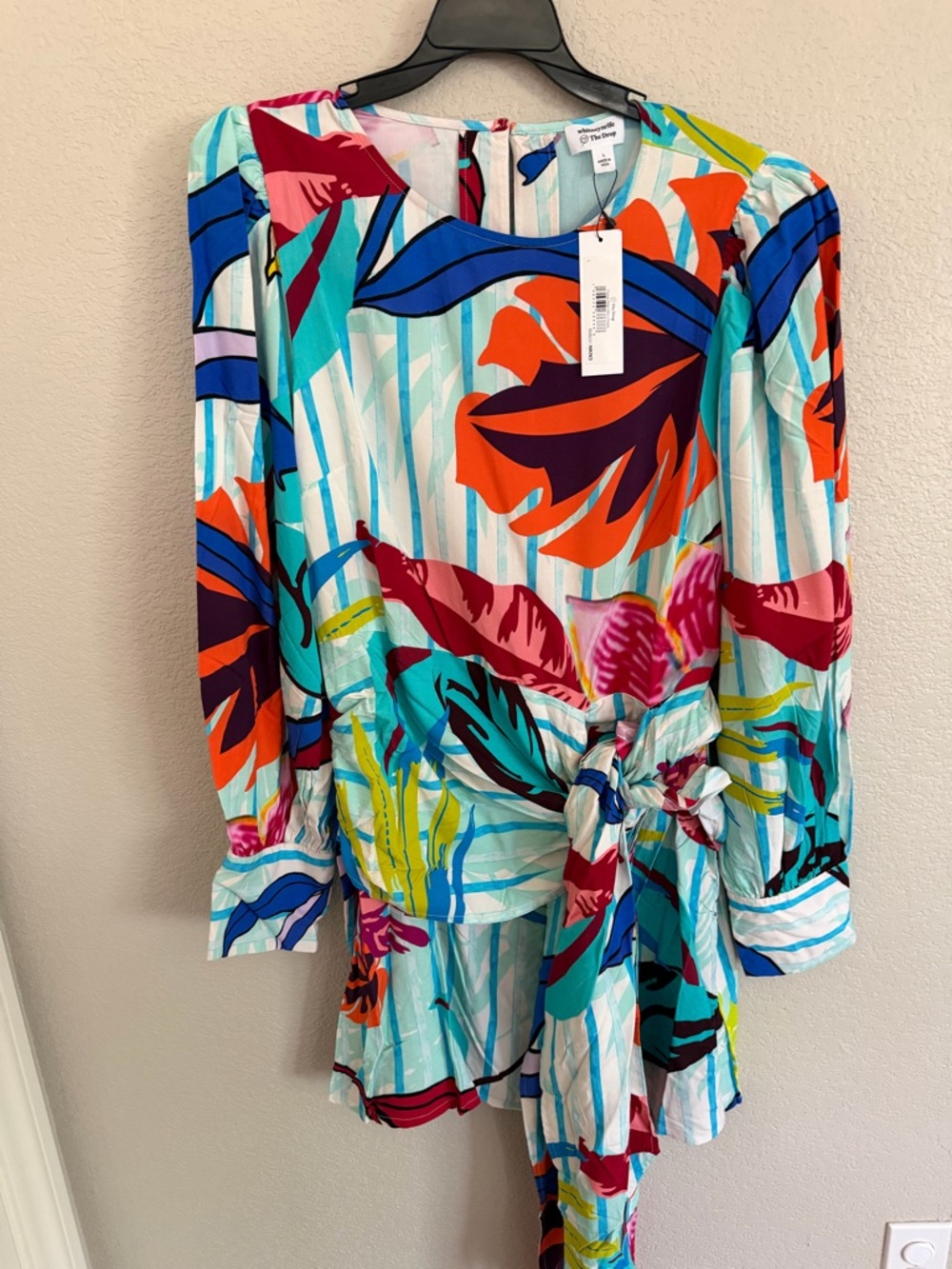 Unbranded Tropical Floral Tie-Waist Mini Dress in Turquoise Multi